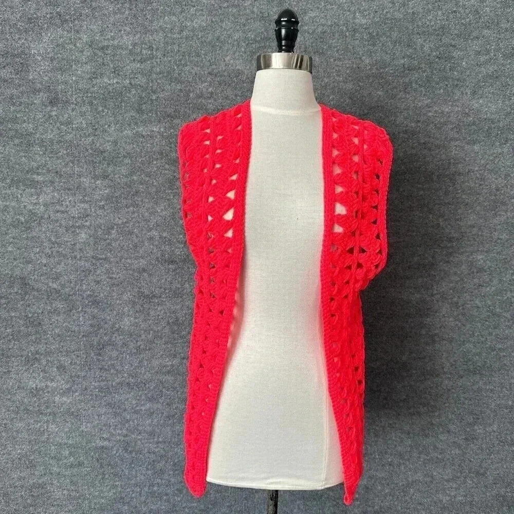 Granny Crochet Vest Womens Small Hot Pink Knitted Handmade Festival Cardigan